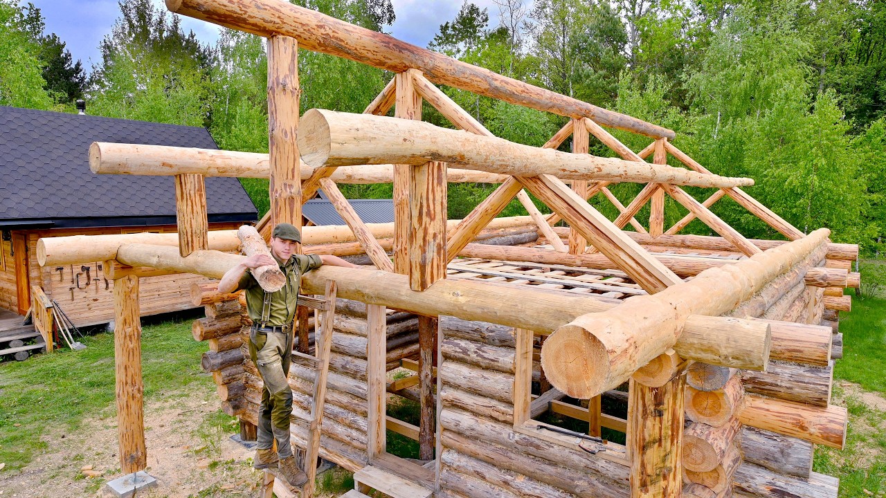 I Alone Building a Log Cabin Massive Porch Overhang and ROOF in the Forest img